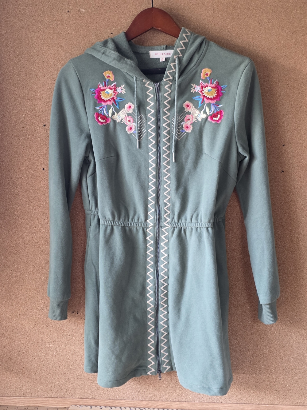Solitaire Anthropologie Boho Floral Embroidered Zip Up Tunic Hoodie Large